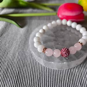 Jáde és Rózsakvarc ásványkarkötő, 10 mm-es Shamballával
